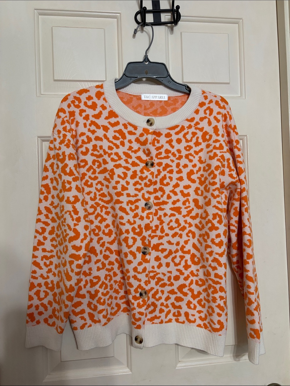 T&C Floral Company Orange and Cream Leopard-Print Button Cardigan